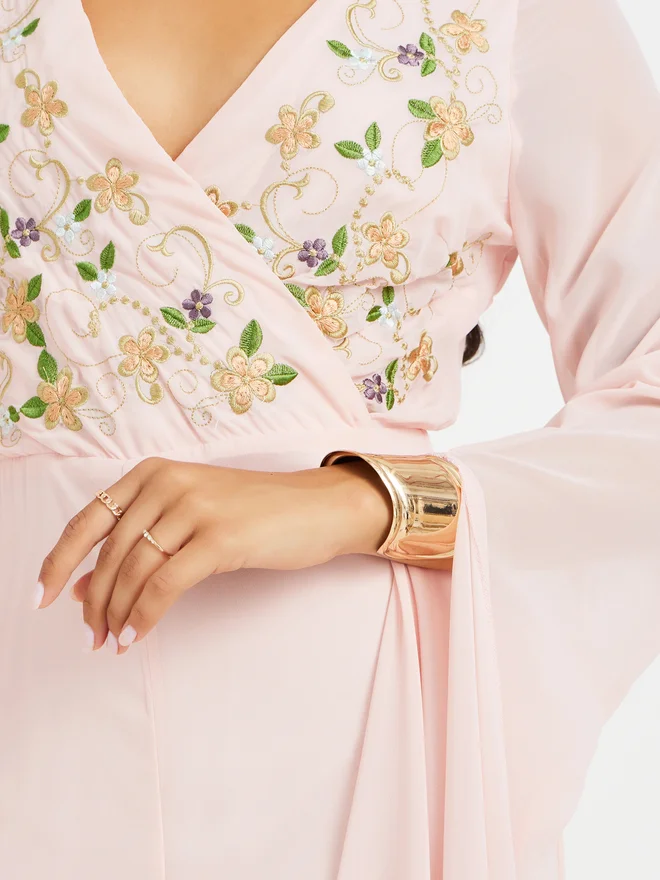 Styli Styli Embroidered Cape Sleeves Wide Leg Jumpsuit