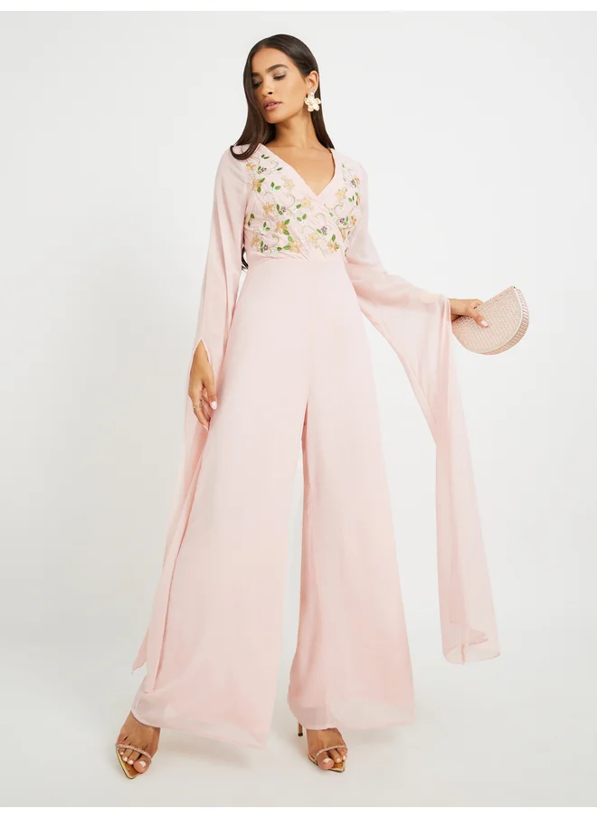 ستايلي Styli Embroidered Cape Sleeves Wide Leg Jumpsuit