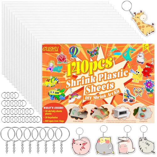 Gushu 140PCS Shrinky Plastic Sheets Kit, Shrink Paper Keychain Kit with 20PCS Shrink Paper 120PCS Keychains and Open Iron Ring for Kids Creative Craft Marking, Handprint Keychains - Image 1