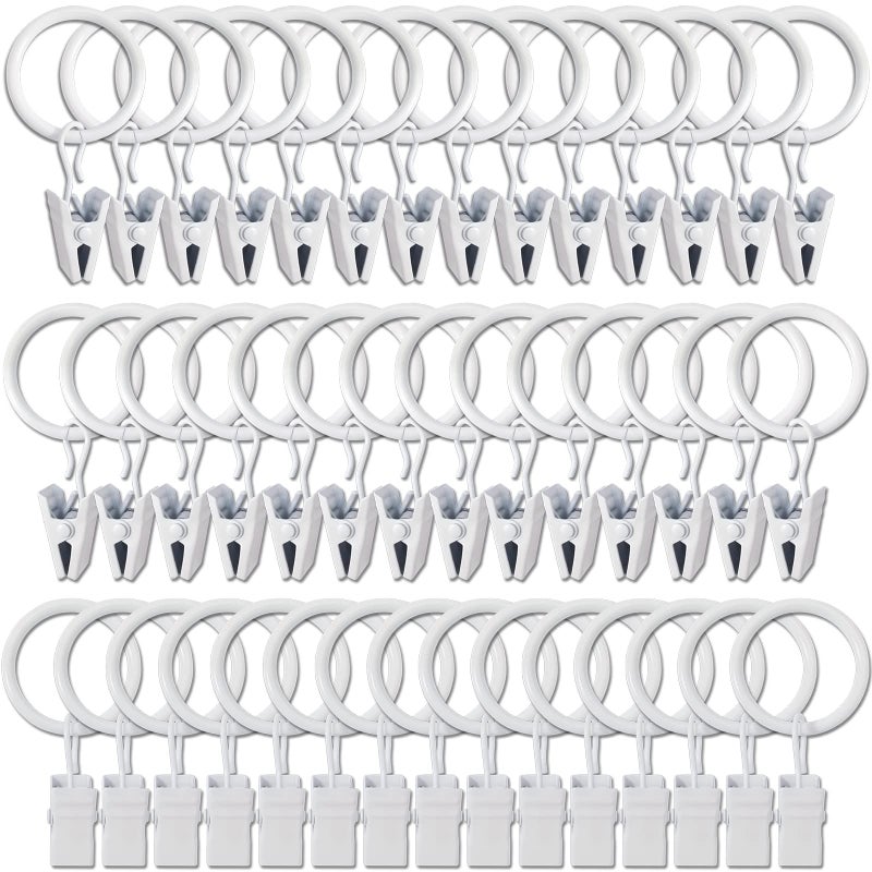 WeeksEight 44 Pack White Curtain Rings with Clips, Curtain Hooks Hangers Clip Rings for Hanging Drapes Bows Hat, Drapery Rings 1 in I D, Fits up to 5/8 in Diameter Curtain Rod. - Image 1