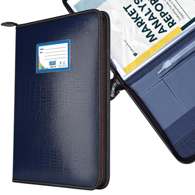 sps Premium PU Leather File Folder | 20 Sleeves for A4 & FC Size Documents | Blue - Image 1