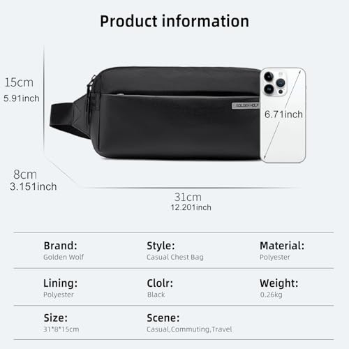 Golden Wolf Sling Bag for Men Travel 2L Chest Bag for Mobile Side Bag Waist Pouch Sleek Cross Bags Quick-Release Straps | Water-Resistant Fanny Pack for Office Casual Daily, Black - Image 5