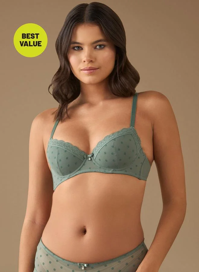 Splash FAV Floral Textured Demi Bra with Adjustable Straps and Bow Detail