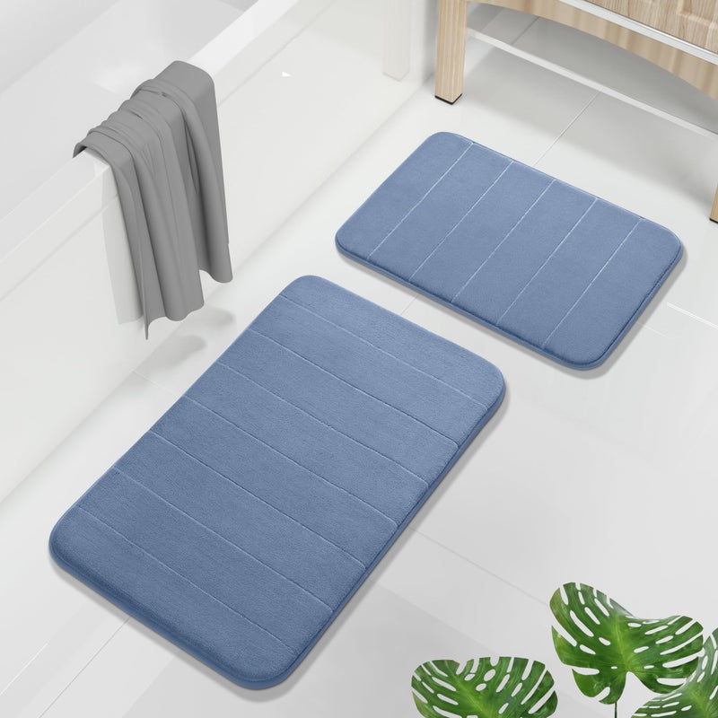Yimobra Memory Foam Bathroom Rugs Sets 2 Piece - Super Soft Absorbent Quick Dry Bath Mat Set, Machine Washable Non Slip Floor Carpet for Tub Shower & Single Sink (17x24 & 31.5x20 Inch, Denim Blue) - Image 1