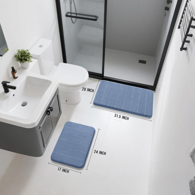 Yimobra Memory Foam Bathroom Rugs Sets 2 Piece - Super Soft Absorbent Quick Dry Bath Mat Set, Machine Washable Non Slip Floor Carpet for Tub Shower & Single Sink (17x24 & 31.5x20 Inch, Denim Blue) - Image 2