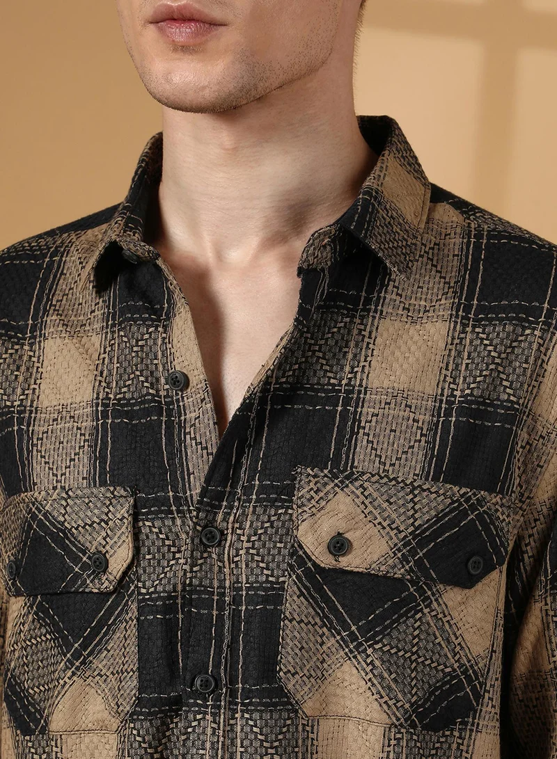 Campus Sutra Men's Raven Black & Sand Beige Buffalo Check Utility Shirt