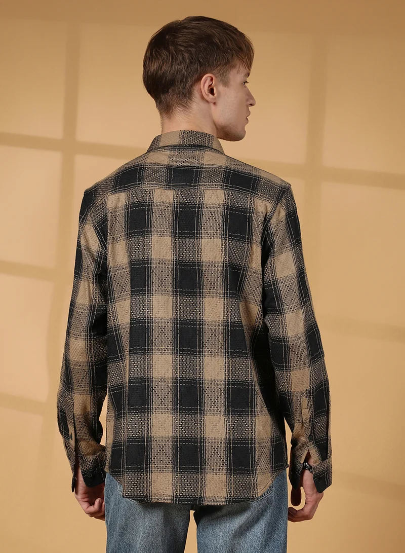 Campus Sutra Men's Raven Black & Sand Beige Buffalo Check Utility Shirt
