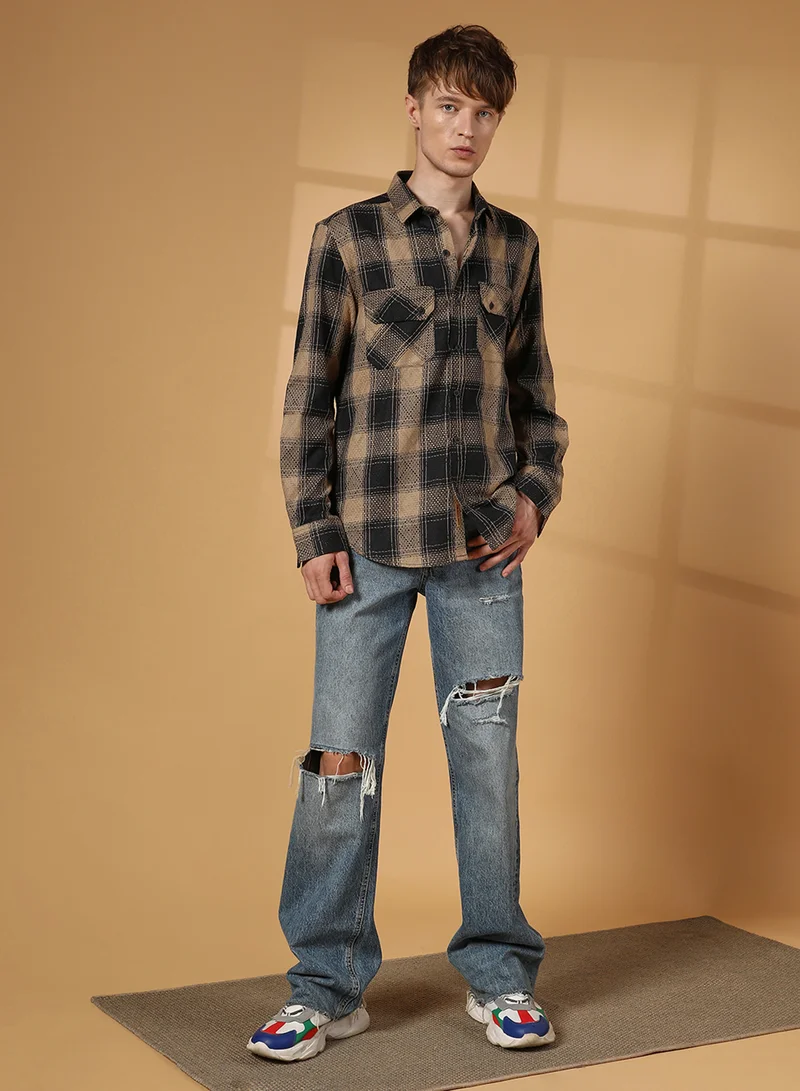 Campus Sutra Men's Raven Black & Sand Beige Buffalo Check Utility Shirt