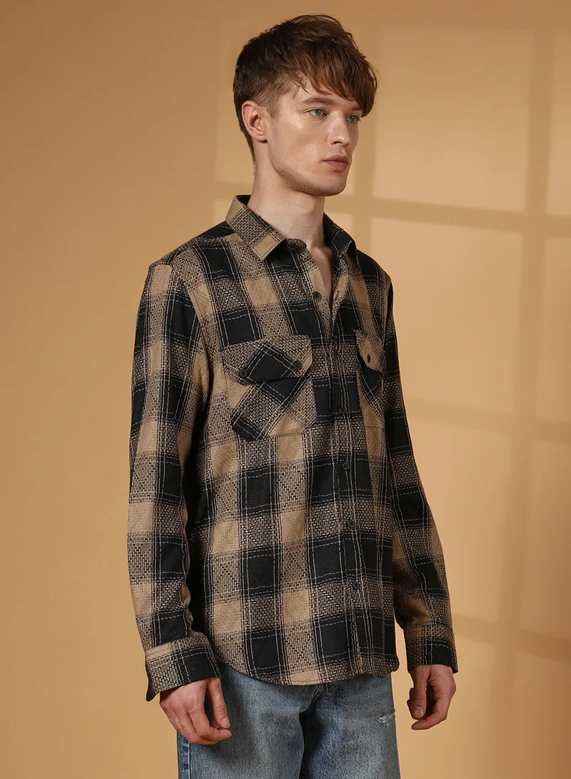 Campus Sutra Men's Raven Black & Sand Beige Buffalo Check Utility Shirt