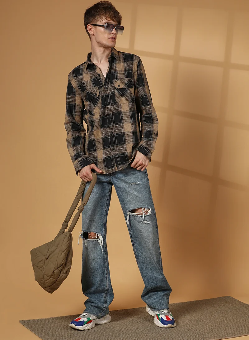 Campus Sutra Men's Raven Black & Sand Beige Buffalo Check Utility Shirt