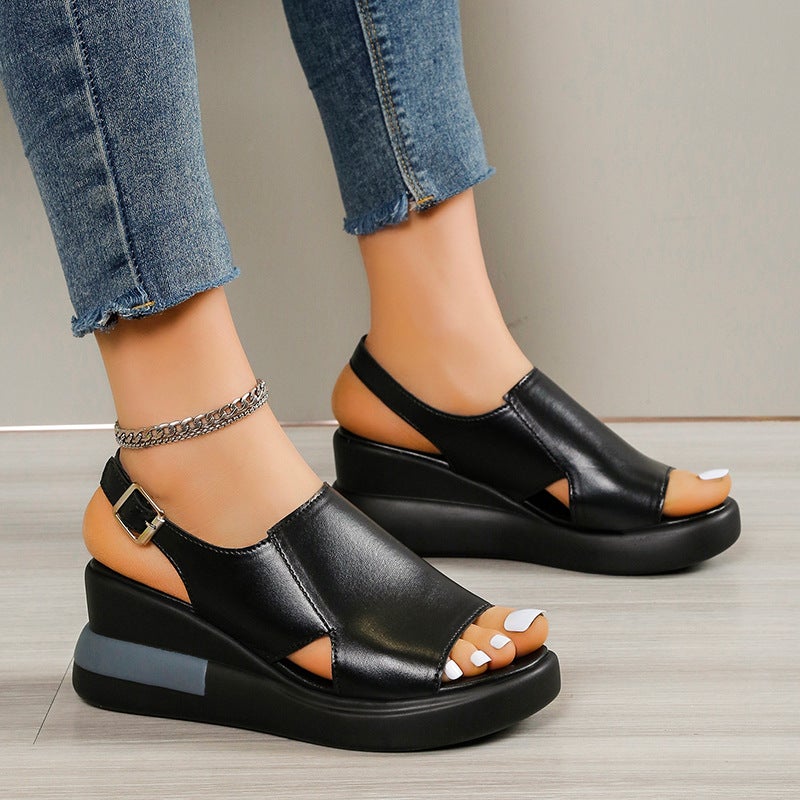 Women''s Summer Outfit Platform Wedge Sandals Women''s 2023-back One-button Sandals Large Size High Heel Sandals - Image 3