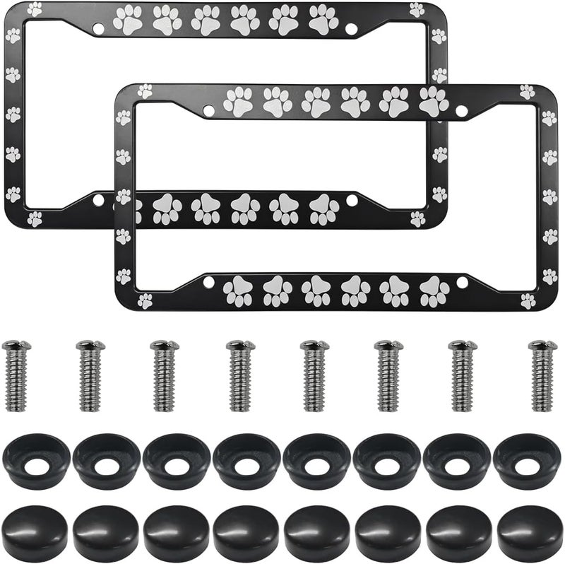 LHDOS 2PCS Paw Print Car License Plate Frame, 12'' x 6'' Aluminum Alloy Car License Holder, Dog Paw License Plate Cover with 2 Cup Coasters, 4 Tire Valve Stem Caps, 8 Nuts, 8 Washers, 8 Screws Modern color selections - Image 1