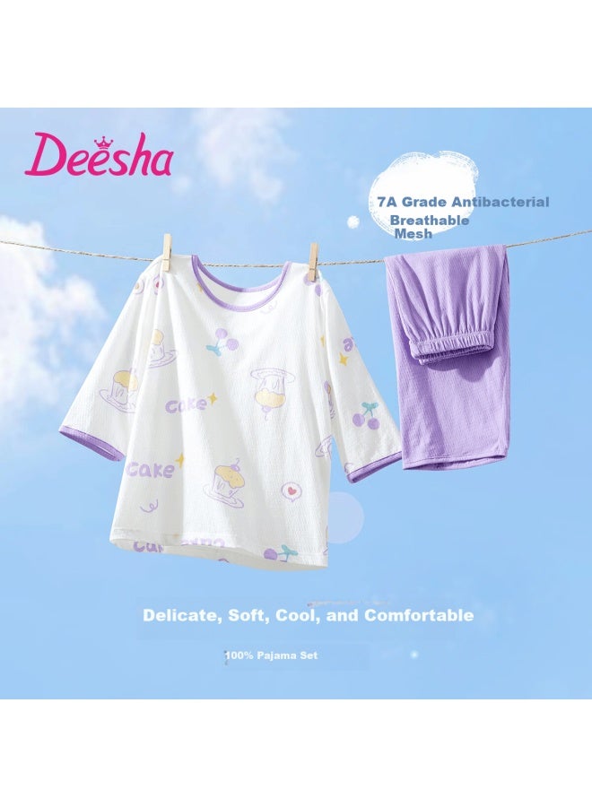 Deesha Girls' Lightweight 3/4 Sleeve Antibacterial Cotton Mesh Jacquard Pajama Set, Skin-friendly Air Conditioning Wear - Image 1