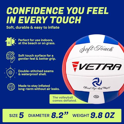 VETRA Soft-Touch Volleyball - Official Size 5 Blue/Red/White - Waterproof PVC Cover & Durable Stitched Training & Match Ball for Indoor, Outdoor & Beach Use - Adults & Kids - Image 3