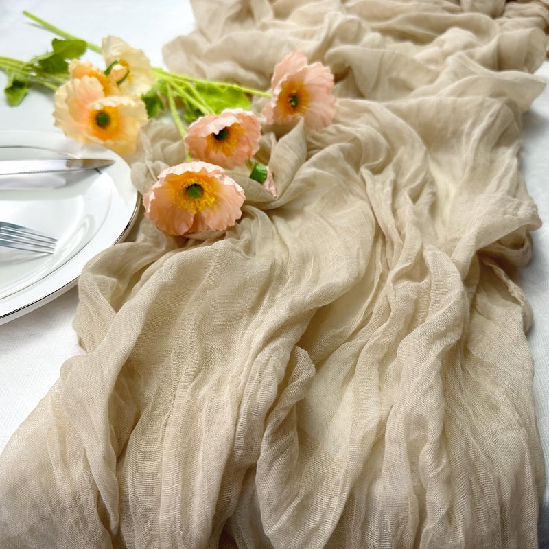 Booque Valley Beige Cheesecloth Table Runner 10ft Super Soft Boho Wrinkled Gauze Sheer Cloth for Baby Shower Baptism Birthday Party Wedding Centerpiece Table Decoration 35x120 Inch