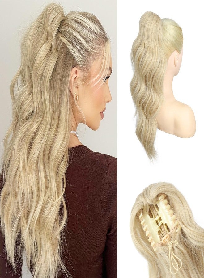 HOOJIH Clip in Ponytail Extension, Ponytail Extension 18 Inch Hair Ponytail Extension Wavy Ponytail Fluffy Soft Clip on Ponytail Synthetic Fiber Ponytail Hair Pieces for Women - Cool Light Blonde - Image 1