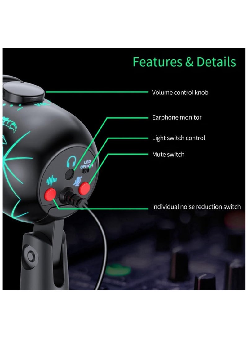 Gaming Microphone, USB Computer Microphone for PC, Mac, PS4/5, Condenser Podcast Mic for Studio Recording, YouTube, Streaming, Live,with Headphone Jack, Led Light, Mute, Gain, Noise Cancellation - Image 5