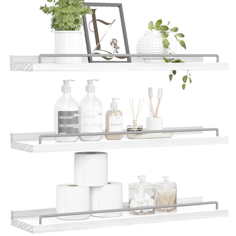 RYOFOBETTO 22 inches Long Floating Shelves Bathroom Decor Shelves Over Toilet Farmhouse Wall Shelves for Living Room Bedroom Picture Frames Plants Kitchen Set of 3 White and Grey - Image 2