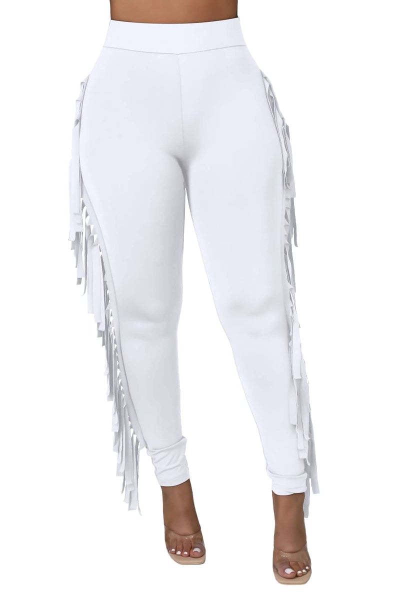 Choichic Women's Casual High Waist Fringe Pants Elastic Waist Bodycon Trousers Tassels Side Long Pants Jogger Sweatpant Leggings White Large - Image 1