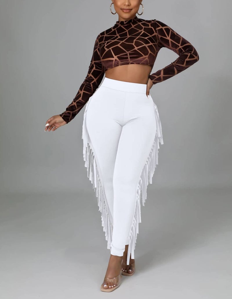 Choichic Women's Casual High Waist Fringe Pants Elastic Waist Bodycon Trousers Tassels Side Long Pants Jogger Sweatpant Leggings White Large - Image 2