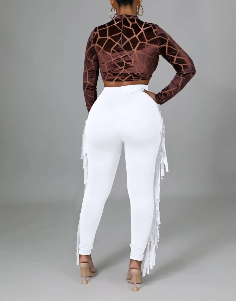 Choichic Women's Casual High Waist Fringe Pants Elastic Waist Bodycon Trousers Tassels Side Long Pants Jogger Sweatpant Leggings White Large - Image 3