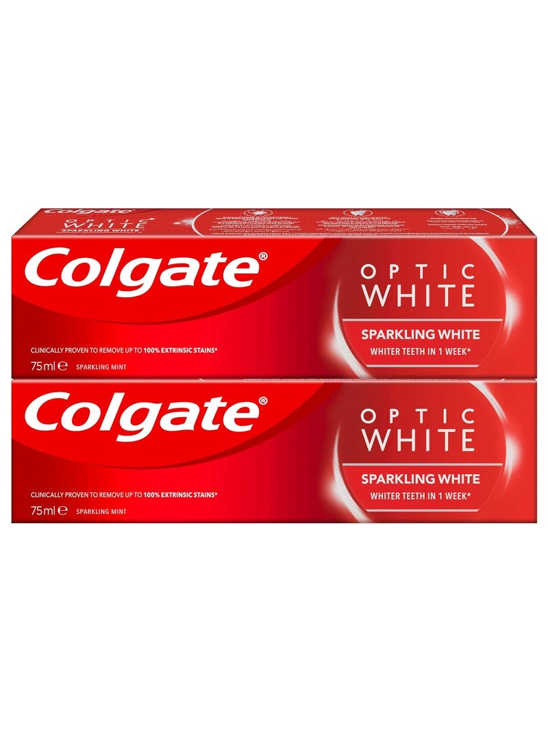 كولجيت معجون أسنان كولجيت أوبتيك وايت سباركلينج وايت للتبييض، 75 مل، عبوة من قطعتين