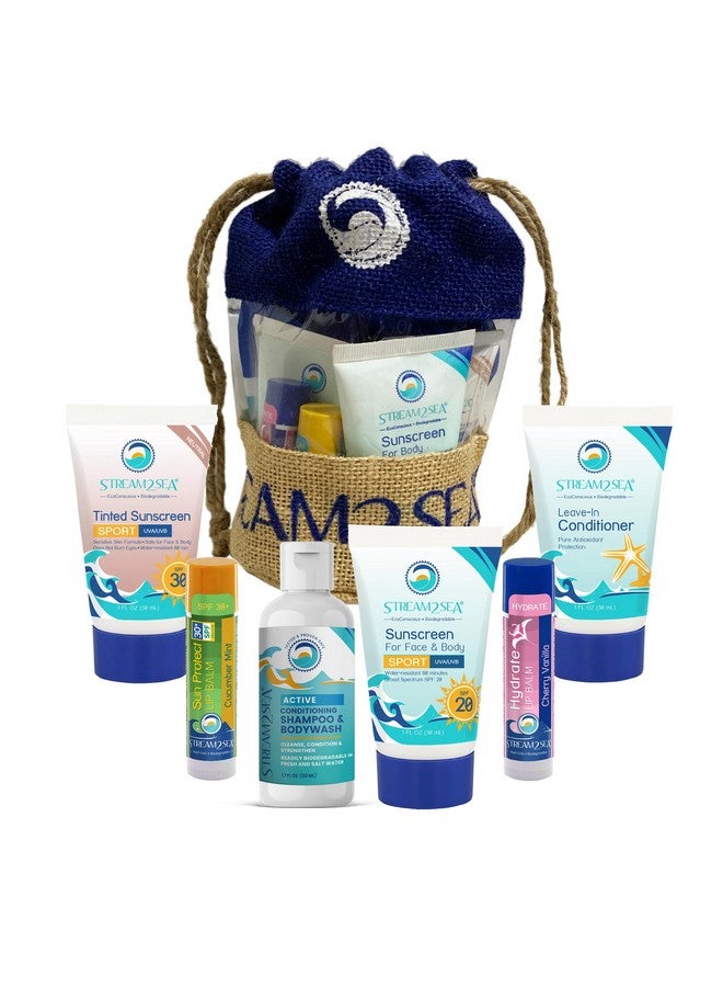 STREAM 2 SEA مجموعة هدايا للعناية بالجسم والشعر لرحلات صديقة للبيئة شامبو وغسول الجسم بلسم SPF30 SPF20 وواقٍ شمسٍ معدني SPF 30 بخلاصة الخيار بالنعناع وترطيب بلسم الشفاه بالفانيليا الكرزية من ستريم2سي - Image 1