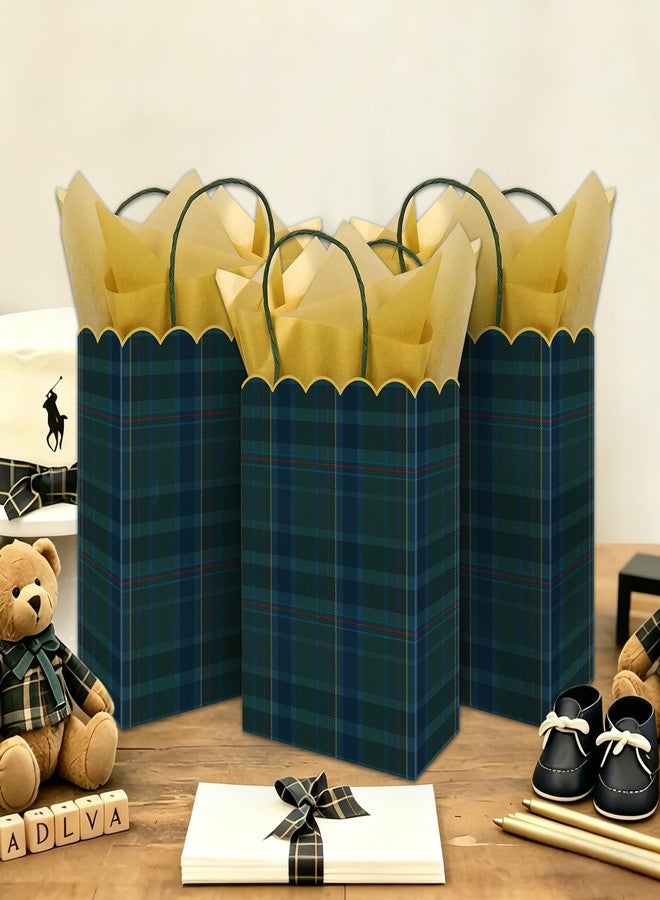 Whaline 24Pcs Green Blue Plaid Paper Bag with 30 Sheets Gold Tissue Paper Tartan Scalloped Treat Bags with Handles Candy Goodie Bags for Baby Shower Birthday Party Favors Supplies - Image 1