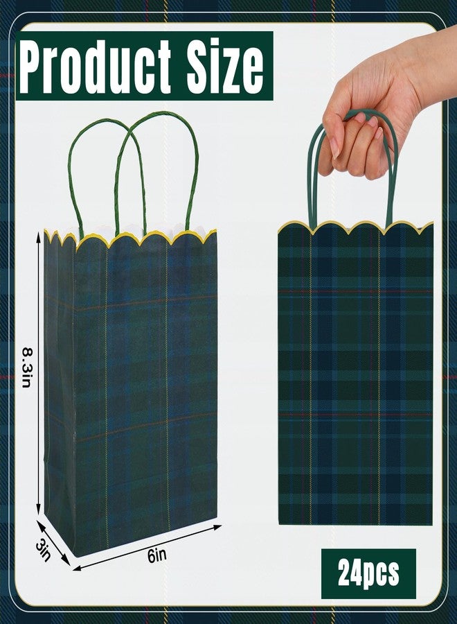 Whaline 24Pcs Green Blue Plaid Paper Bag with 30 Sheets Gold Tissue Paper Tartan Scalloped Treat Bags with Handles Candy Goodie Bags for Baby Shower Birthday Party Favors Supplies - Image 2