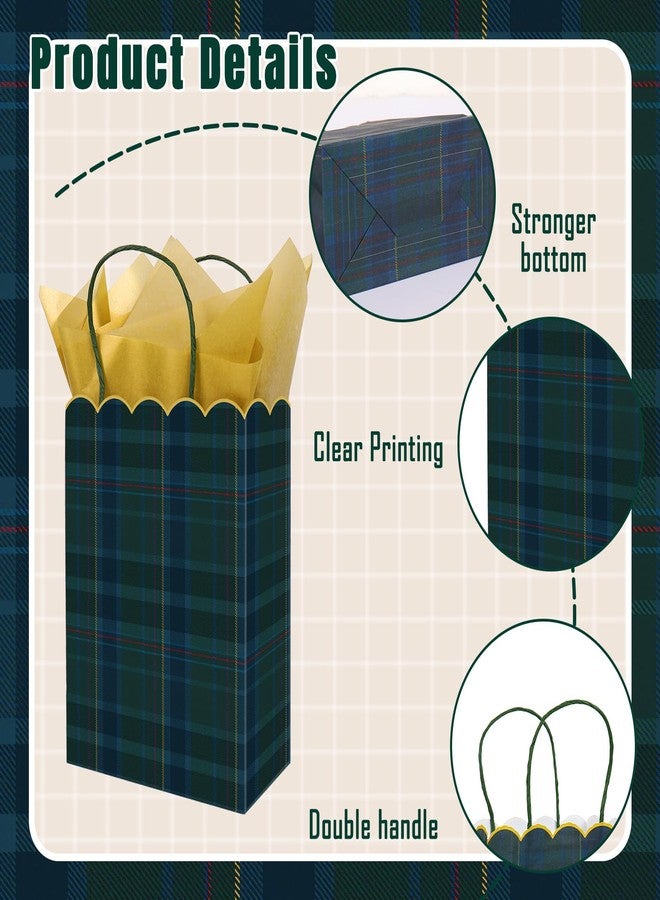 Whaline 24Pcs Green Blue Plaid Paper Bag with 30 Sheets Gold Tissue Paper Tartan Scalloped Treat Bags with Handles Candy Goodie Bags for Baby Shower Birthday Party Favors Supplies - Image 3