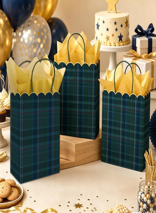 Whaline 24Pcs Green Blue Plaid Paper Bag with 30 Sheets Gold Tissue Paper Tartan Scalloped Treat Bags with Handles Candy Goodie Bags for Baby Shower Birthday Party Favors Supplies - Image 4