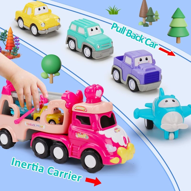 5 in 1 Transport Toy Trucks for Toddlers 1-3 with Lights Music Pink Princess Car Toys for 1 2 3 4 Year Old Girls Carrier Truck Vehicle Little Toddler Girl Toys Age 1-2 2-4 Baby 12-18 Months Gifts - Image 4