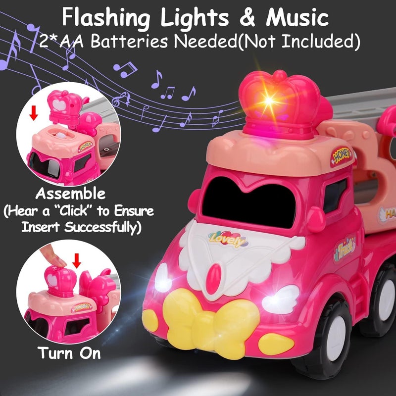 5 in 1 Transport Toy Trucks for Toddlers 1-3 with Lights Music Pink Princess Car Toys for 1 2 3 4 Year Old Girls Carrier Truck Vehicle Little Toddler Girl Toys Age 1-2 2-4 Baby 12-18 Months Gifts - Image 3