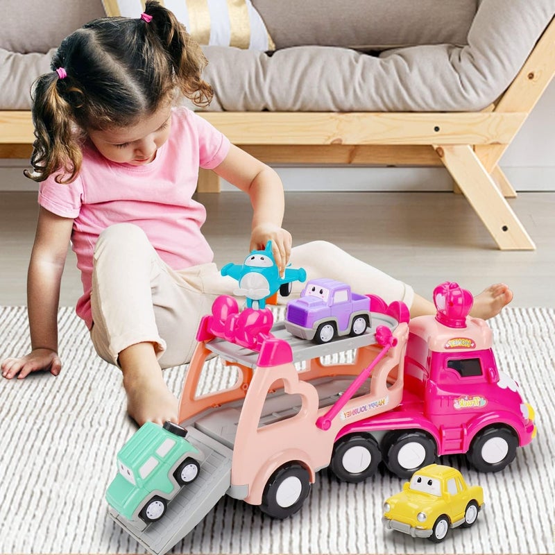 5 in 1 Transport Toy Trucks for Toddlers 1-3 with Lights Music Pink Princess Car Toys for 1 2 3 4 Year Old Girls Carrier Truck Vehicle Little Toddler Girl Toys Age 1-2 2-4 Baby 12-18 Months Gifts - Image 2