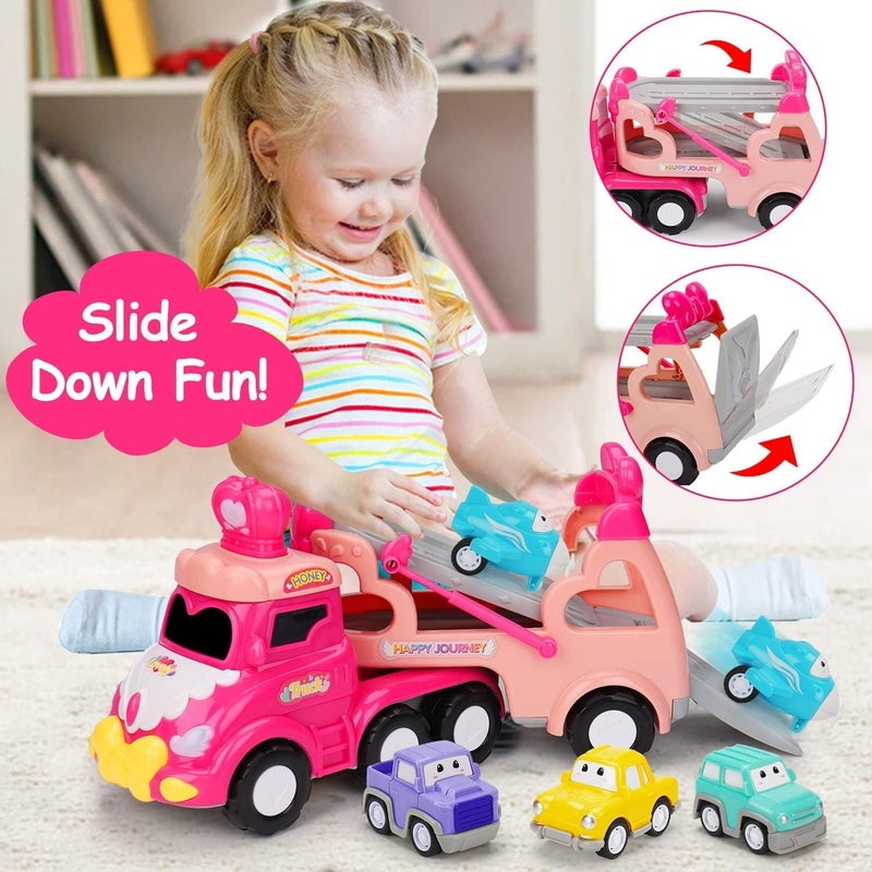 5 in 1 Transport Toy Trucks for Toddlers 1-3 with Lights Music Pink Princess Car Toys for 1 2 3 4 Year Old Girls Carrier Truck Vehicle Little Toddler Girl Toys Age 1-2 2-4 Baby 12-18 Months Gifts - Image 5