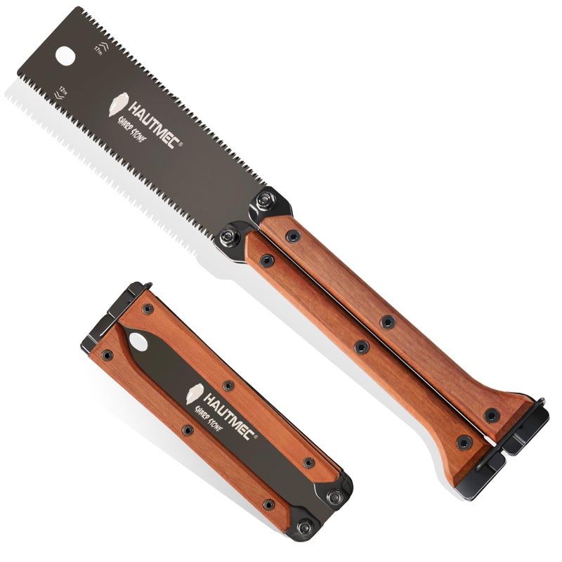 HAUTMEC Folding Japanese Pull Saw, 6-Inch Double-Edged Hand Saw with SK5 Blade (12/17 TPI), Beech Wood Handle & Storage Pouch â€“ Compact Flush Cut Handsaw for Woodworking & Precision Cuts â€“ HT0446 - Image 1