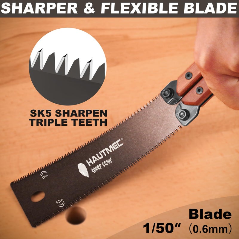 HAUTMEC Folding Japanese Pull Saw, 6-Inch Double-Edged Hand Saw with SK5 Blade (12/17 TPI), Beech Wood Handle & Storage Pouch â€“ Compact Flush Cut Handsaw for Woodworking & Precision Cuts â€“ HT0446 - Image 3