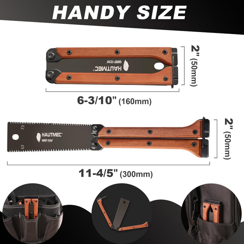HAUTMEC Folding Japanese Pull Saw, 6-Inch Double-Edged Hand Saw with SK5 Blade (12/17 TPI), Beech Wood Handle & Storage Pouch â€“ Compact Flush Cut Handsaw for Woodworking & Precision Cuts â€“ HT0446 - Image 2
