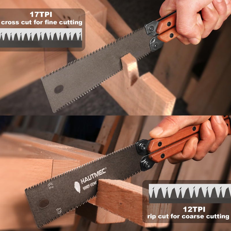 HAUTMEC Folding Japanese Pull Saw, 6-Inch Double-Edged Hand Saw with SK5 Blade (12/17 TPI), Beech Wood Handle & Storage Pouch â€“ Compact Flush Cut Handsaw for Woodworking & Precision Cuts â€“ HT0446 - Image 4