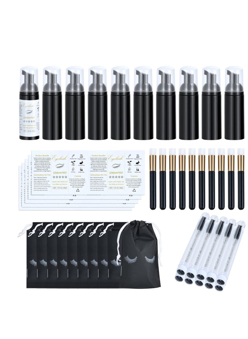 Tannova 50 Pcs Lash Shampoo Bottle Brushes Set, Empty Lash Shampoo Bottles, Lash Shampoo Label Stickers, Mascara Wands and Tubes Eyelash Brush, Lash Cleansing Brushes, Bag for Lash Extensions Aftercare(Black)  - Image 1