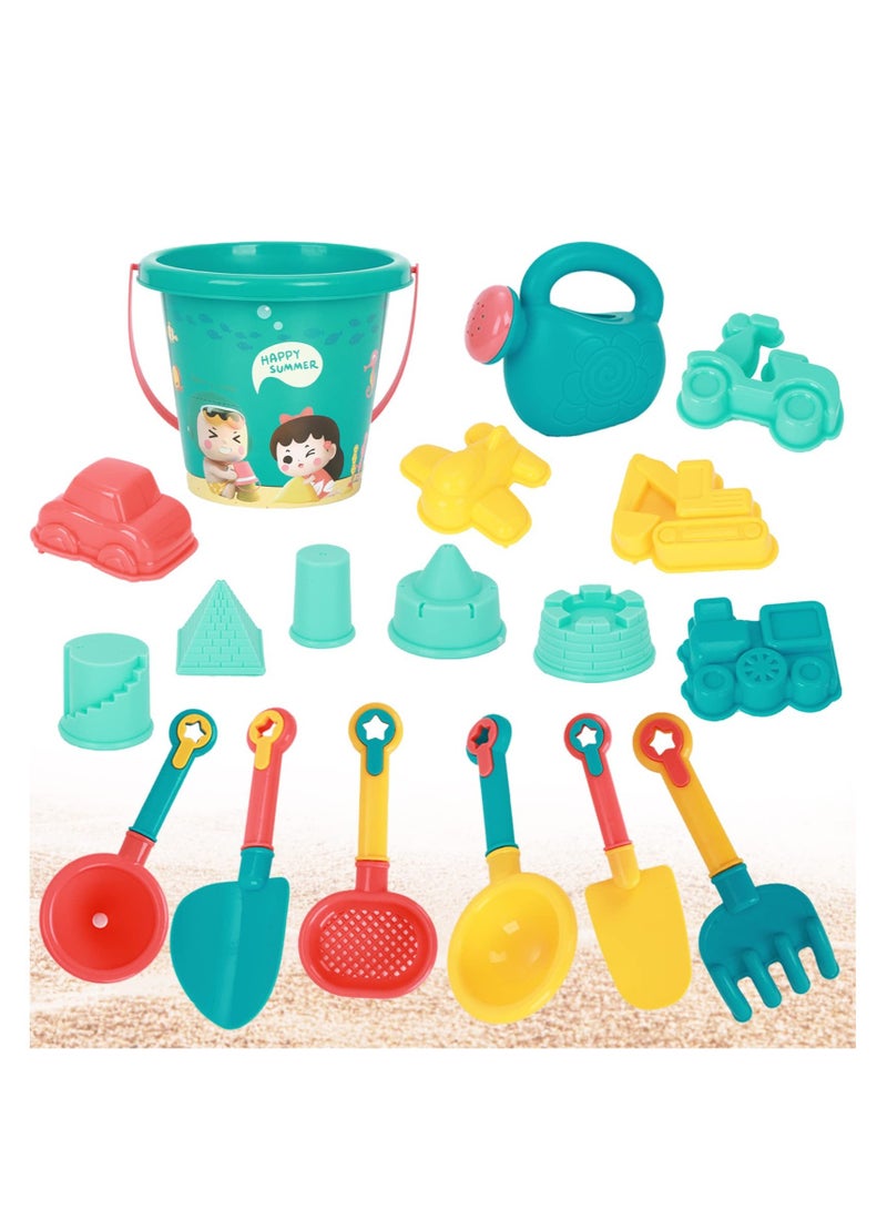 Excefore Beach Toys Set for Kids, 18 Pcs Sand Toys with Buckets, Watering Cans, Shovels, Rakes, Castle, Digger, Car Molds and Reusable Mesh Bag, Outdoor Fun Sand Tools for Toddler Children Boys Girls  - Image 1
