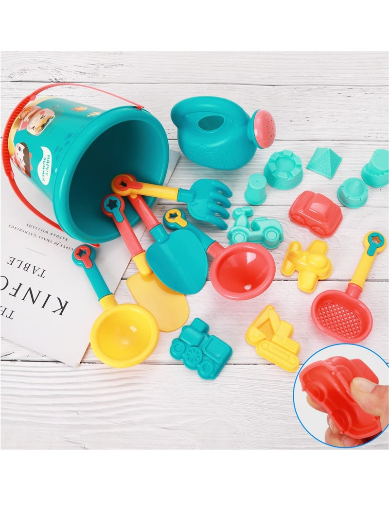 Excefore Beach Toys Set for Kids, 18 Pcs Sand Toys with Buckets, Watering Cans, Shovels, Rakes, Castle, Digger, Car Molds and Reusable Mesh Bag, Outdoor Fun Sand Tools for Toddler Children Boys Girls  - Image 5