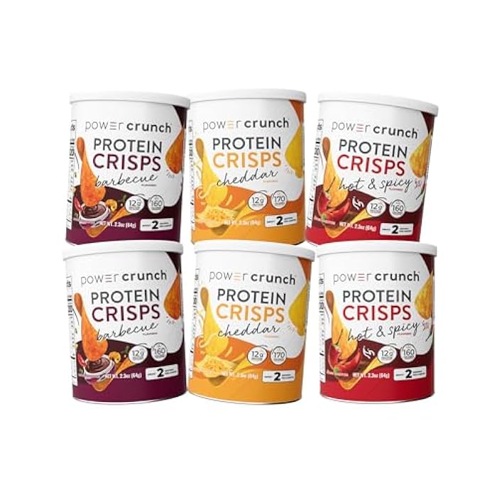 Power Crunch Protein CRISPS Variety Pack, Cheddar, Hot & Spicy, BBQ, a Potato Style Protein Chip Snack, 12g of protein, 1.05 ounces per serving (2 of Each Flavor) - Image 1
