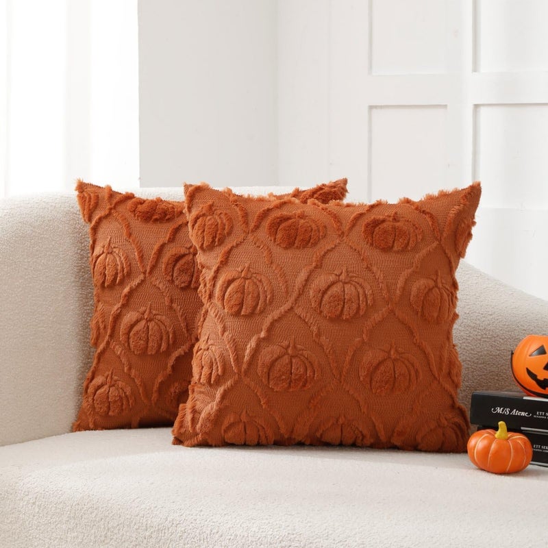 VAKADO Fall Throw Pillow Covers 18x18 Set of 2 ，Pumpkin Couch Halloween Decor Bed Cream Autumn Kitchen Porch Decorative Plush Embroidered Velvet Square Cushion Cases Thanksgiving Home for Sofa - Image 1