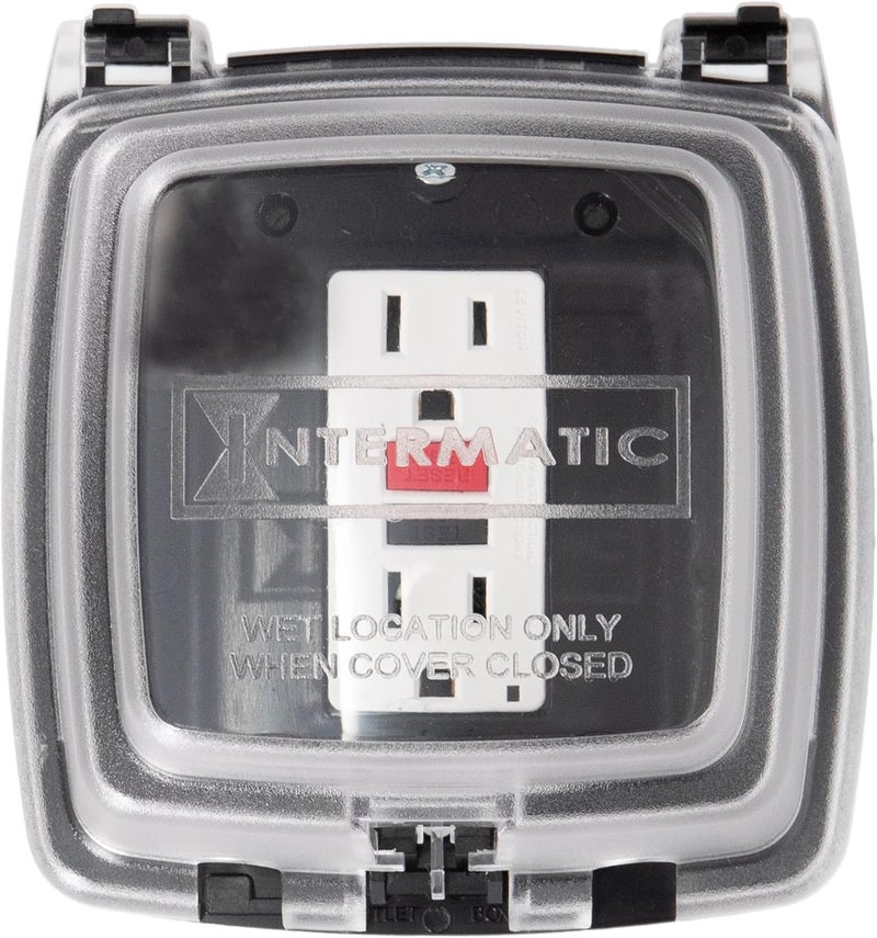 Intermatic WP1030C 3-1/8” Deep Weatherproof Outlet Cover – UV Stabilized Clear, GFCI & Duplex, Vertical Mount, UL Certified – Fits Single Device Only for Larger Double-Gang 4” x 4” Boxes - Image 1