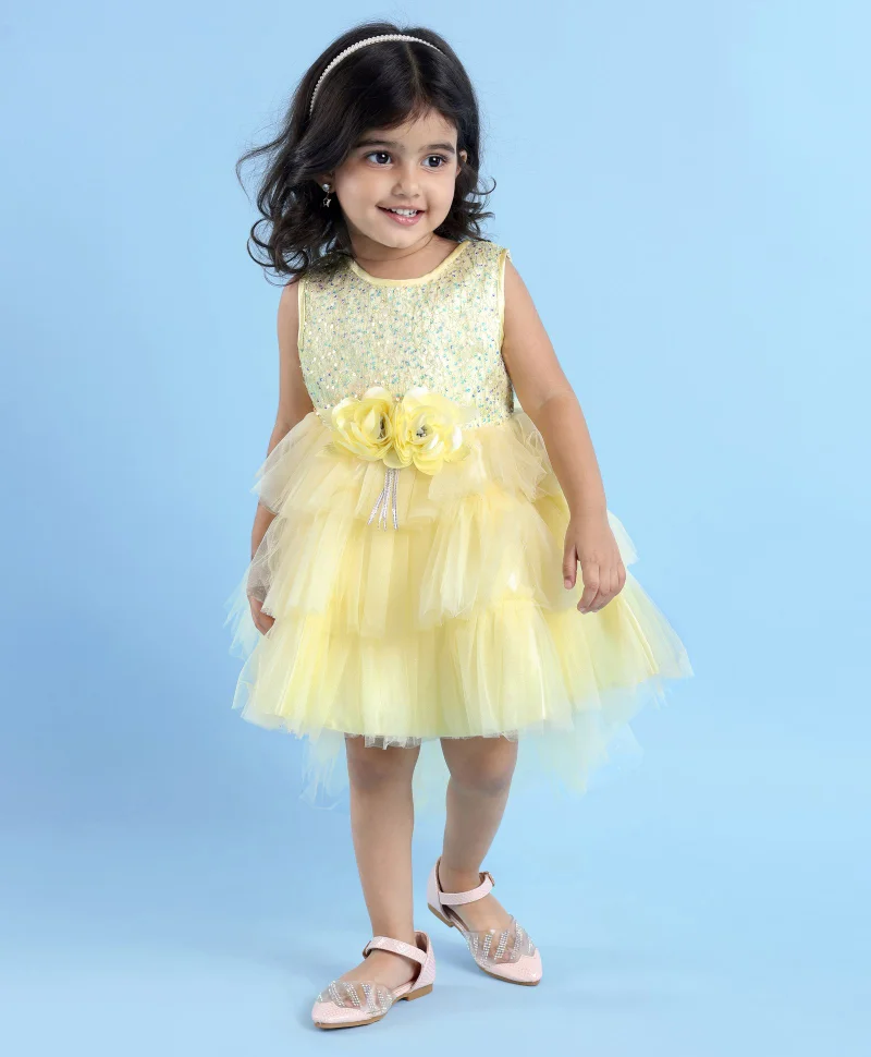 babyhug Babyhug Woven Sleeveless Mesh Layered Flare With Tail Party Dress - Yellow