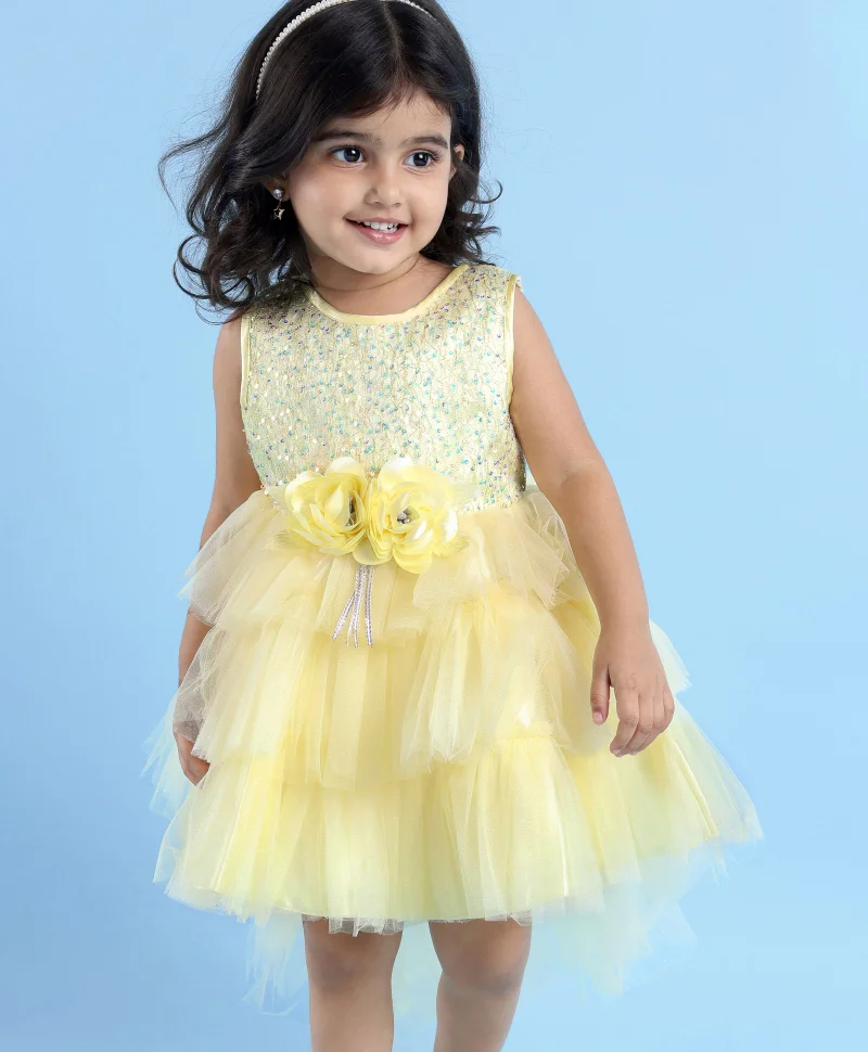 babyhug Babyhug Woven Sleeveless Mesh Layered Flare With Tail Party Dress - Yellow