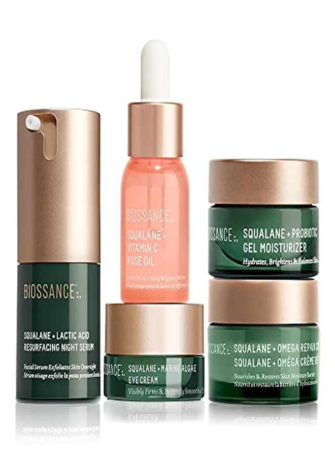 Overachievers Set. Squalane + Lactic Acid Resurfacing Night Serum Bundle With Travel Size Best Sellers To Hydrate, Exfoliate And Smooth Fine Lines (5 Items)