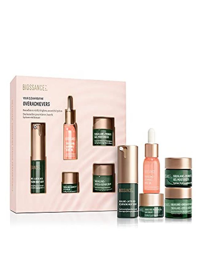 Overachievers Set. Squalane + Lactic Acid Resurfacing Night Serum Bundle With Travel Size Best Sellers To Hydrate, Exfoliate And Smooth Fine Lines (5 Items)