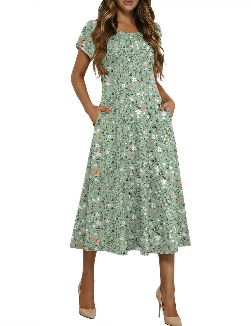 HOTOUCH Summer Dresses for Women 2026 Vacation Dress Flowy Dresses Women Boho Midi Sundress Crew Neck Spring Dress, Light Green Floral,2XL - Image 1